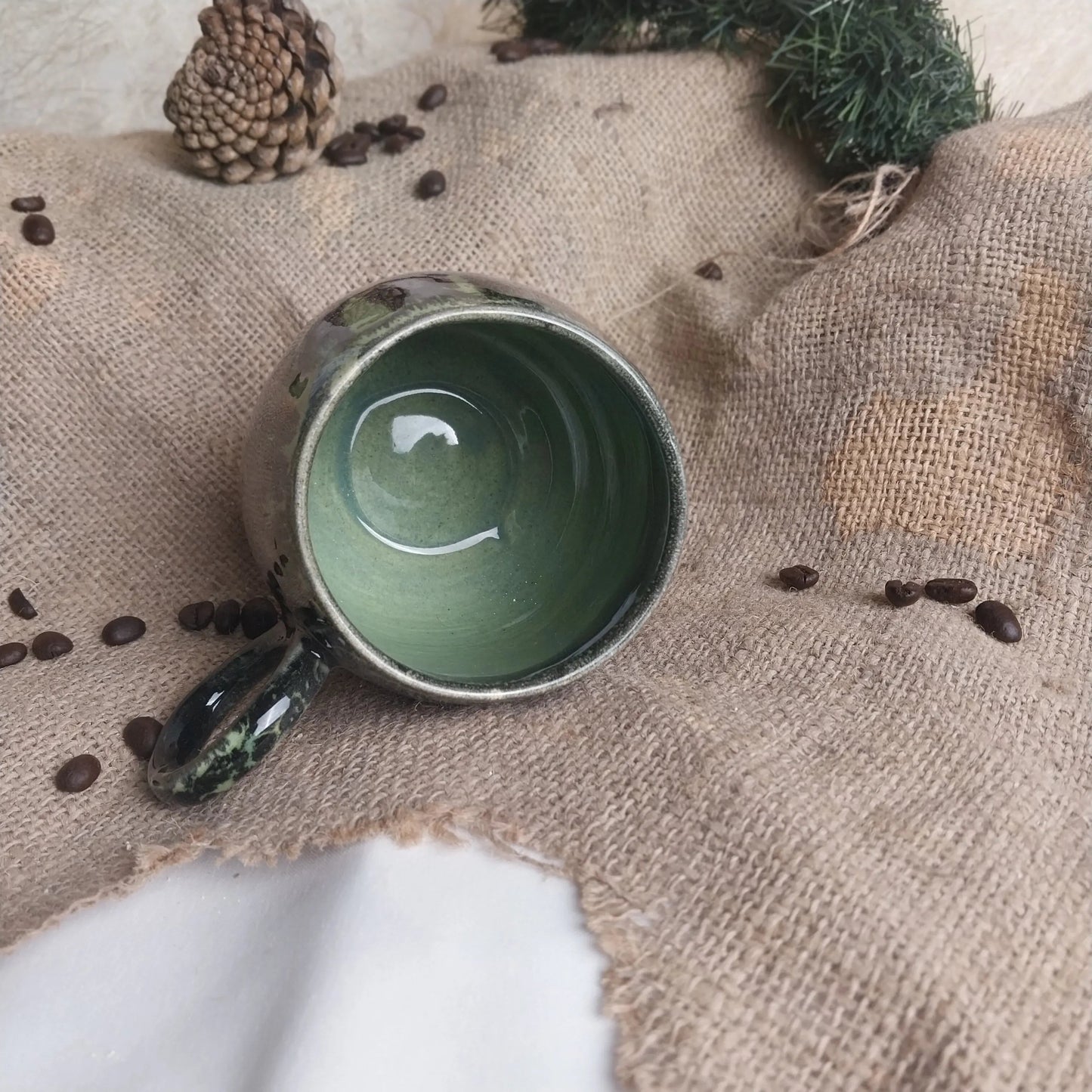 Gece Yeşili Halka Kulplu Kahve Bardağı - Gülsüm Sanat Evi