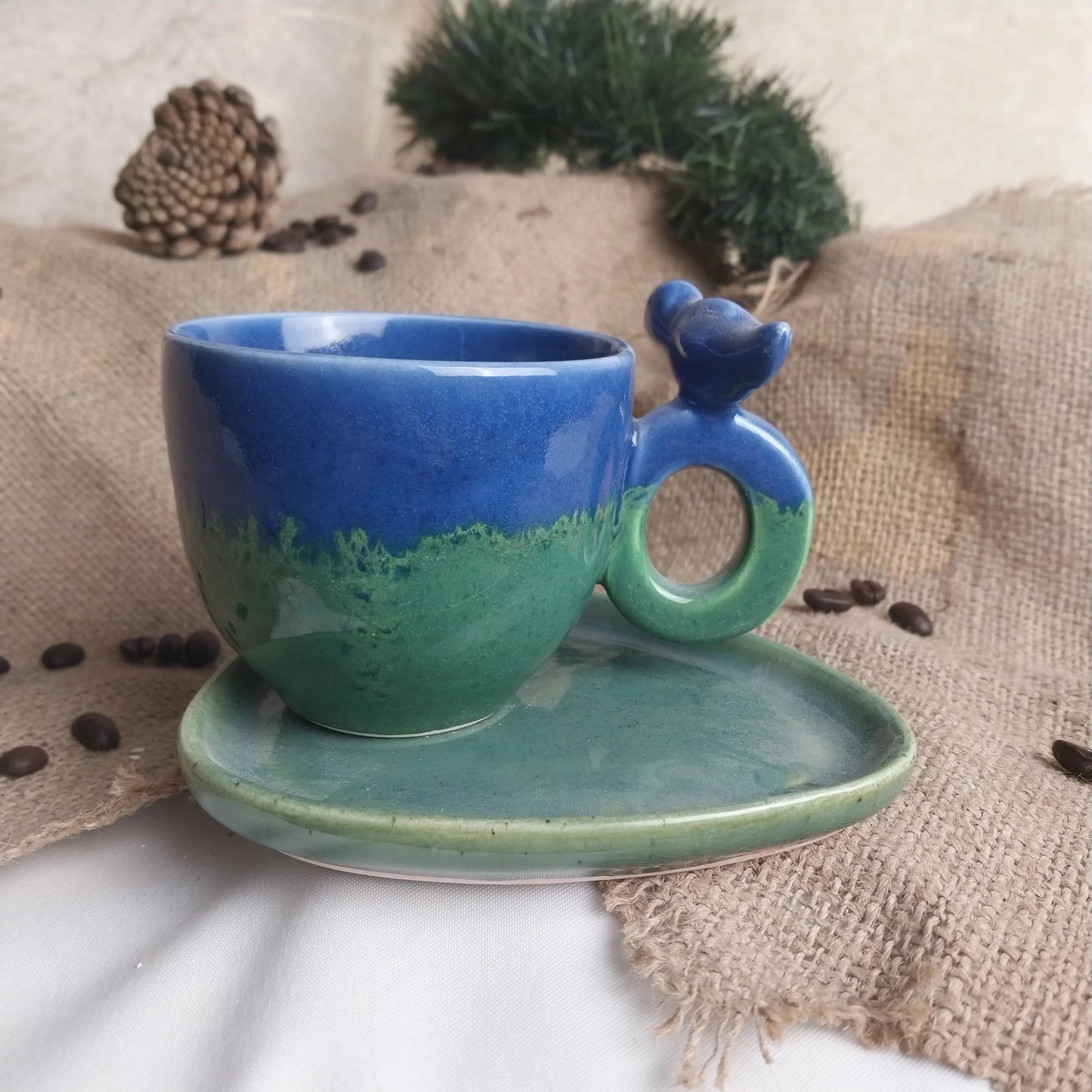 Kuş Oval Halka Kulplu Kahve Fincanı - Gülsüm Sanat Evi