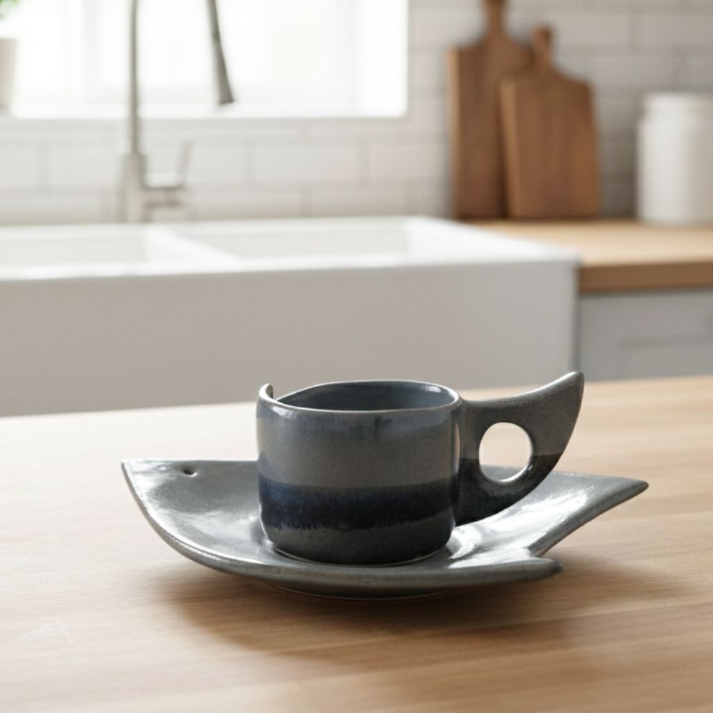 Gri Balık Türk Kahvesi Fincanı Gülsüm Sanat Evi