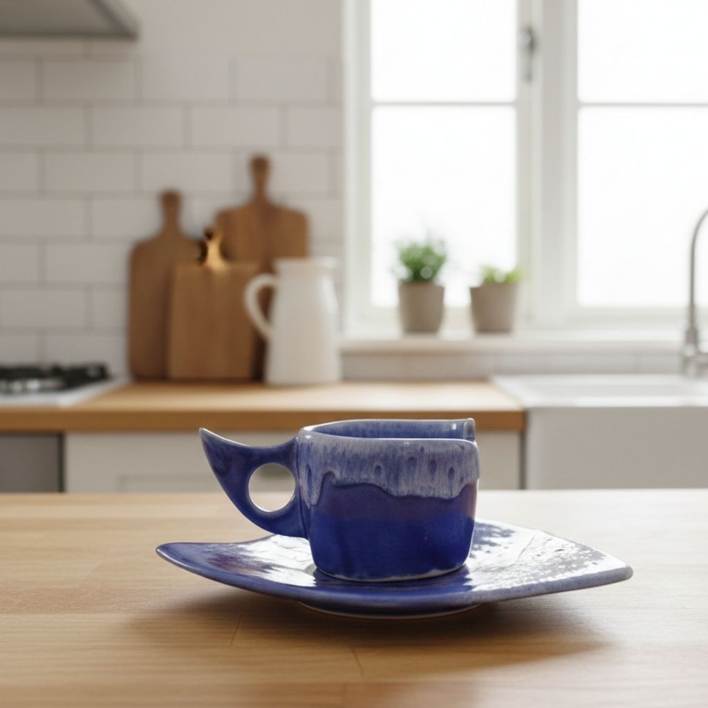 Mavi Okyanus Balık Türk Kahvesi Fincanı Gülsüm Sanat Evi