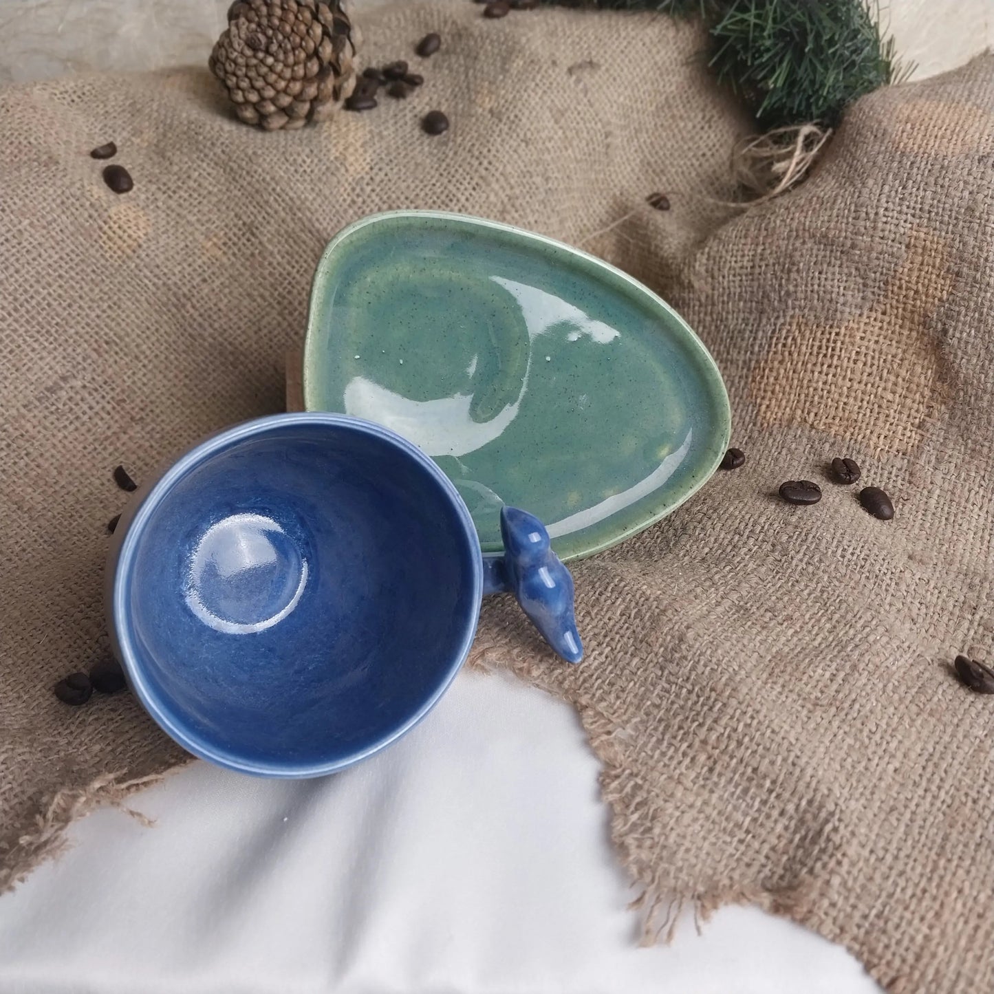 Kuş Oval Halka Kulplu Kahve Fincanı - Gülsüm Sanat Evi