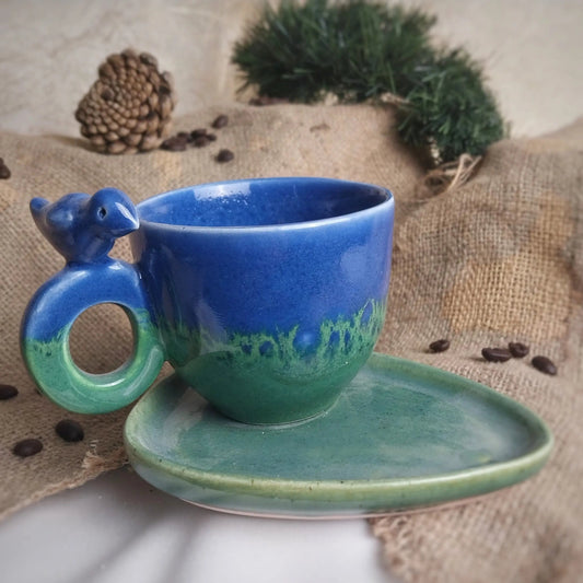 Kuş Oval Halka Kulplu Kahve Fincanı - Gülsüm Sanat Evi